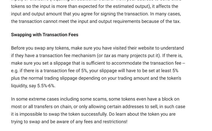 Bagian Swapping with Transaction Fees pada dokumentasi PancakeSwap yang menjelaskan bahwa toleransi slippage harus mencakup pajak transfer token.