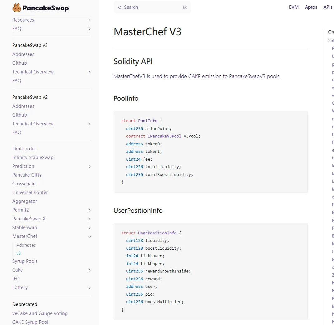 Tangkapan layar dokumentasi resmi PancakeSwap MasterChef V3 yang menyatakan kontrak menyediakan emisi CAKE untuk pool PancakeSwap v3.
