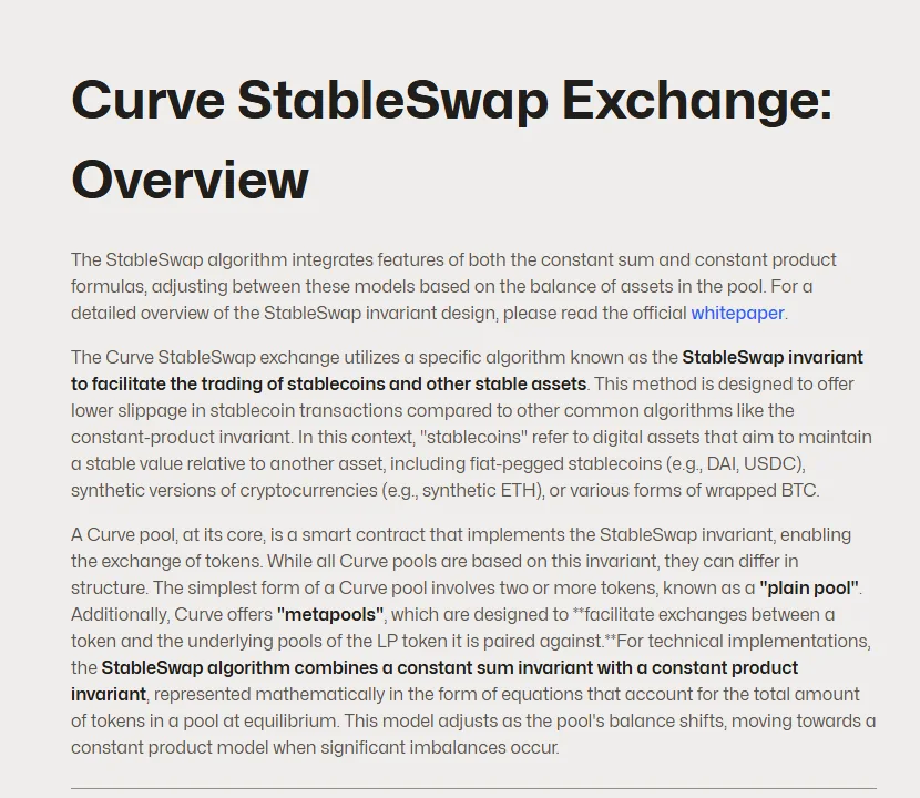 Curve 官方 StableSwap 文件截圖，說明穩定幣交易、低滑點與資金池失衡時的機制變化。