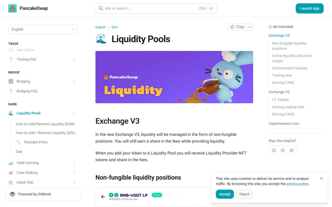 Halaman dokumentasi PancakeSwap tentang Liquidity Pools, dengan daftar isi yang memisahkan Exchange V3 berisi posisi non-fungible dan Exchange V2 berisi LP Tokens.