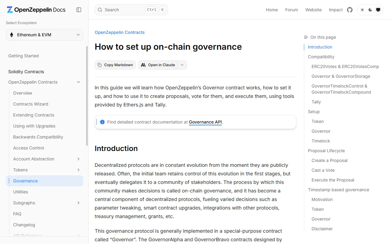 Dokumentasi resmi OpenZeppelin berjudul How to set up on-chain governance, dengan daftar isi yang memuat bagian Timelock dan Proposal Lifecycle.
