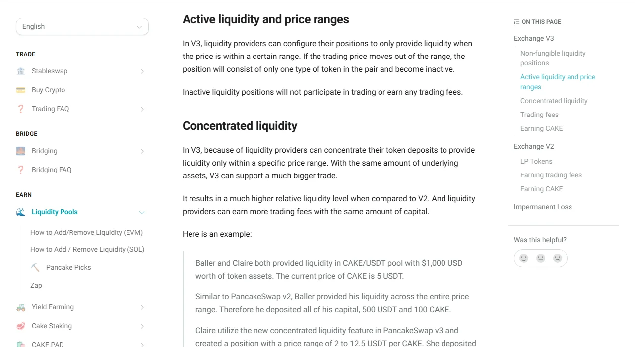 Bagian Active liquidity and price ranges serta Concentrated liquidity pada dokumentasi PancakeSwap, termasuk contoh dua penyedia likuiditas dengan rentang berbeda pada pool CAKE/USDT.