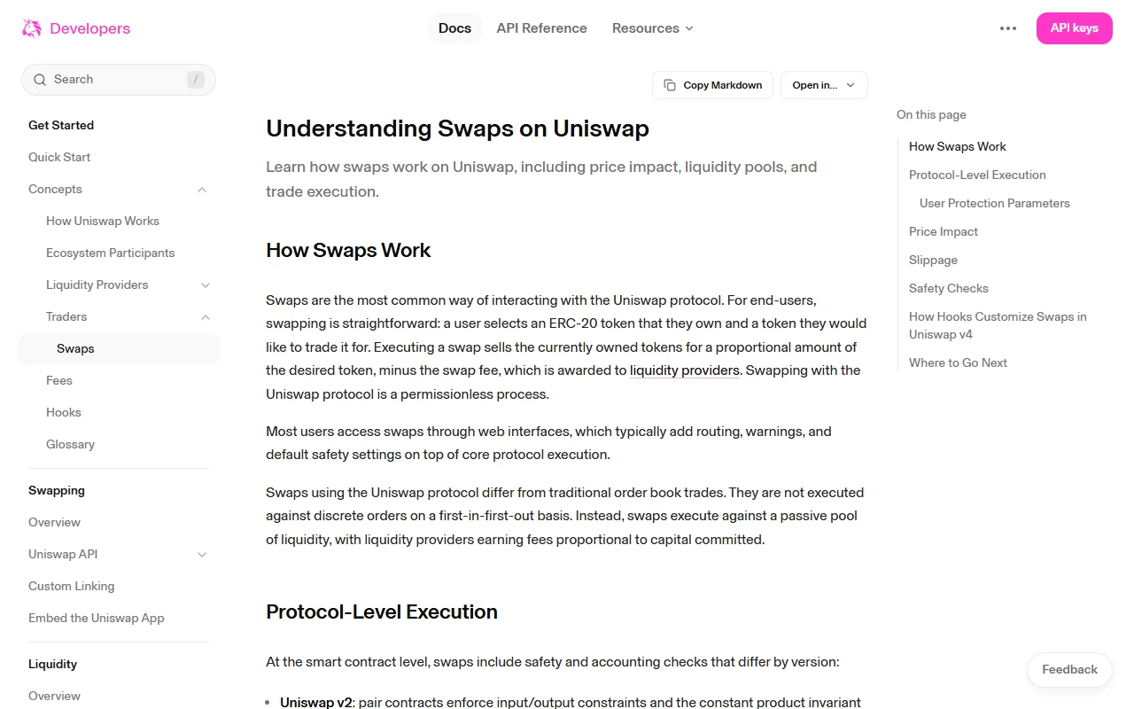 Halaman dokumentasi pengembang Uniswap tentang cara kerja swap, dengan daftar isi yang memisahkan Price Impact, Slippage, dan Safety Checks.