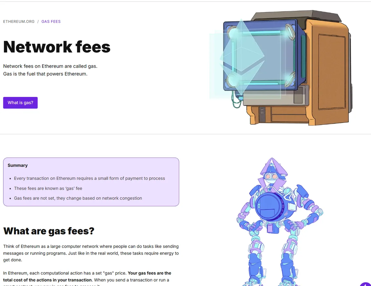 Ethereum.org 官方 Gas 費用頁面截圖，說明交易需支付 Gas，且費用會隨網路壅塞變動。