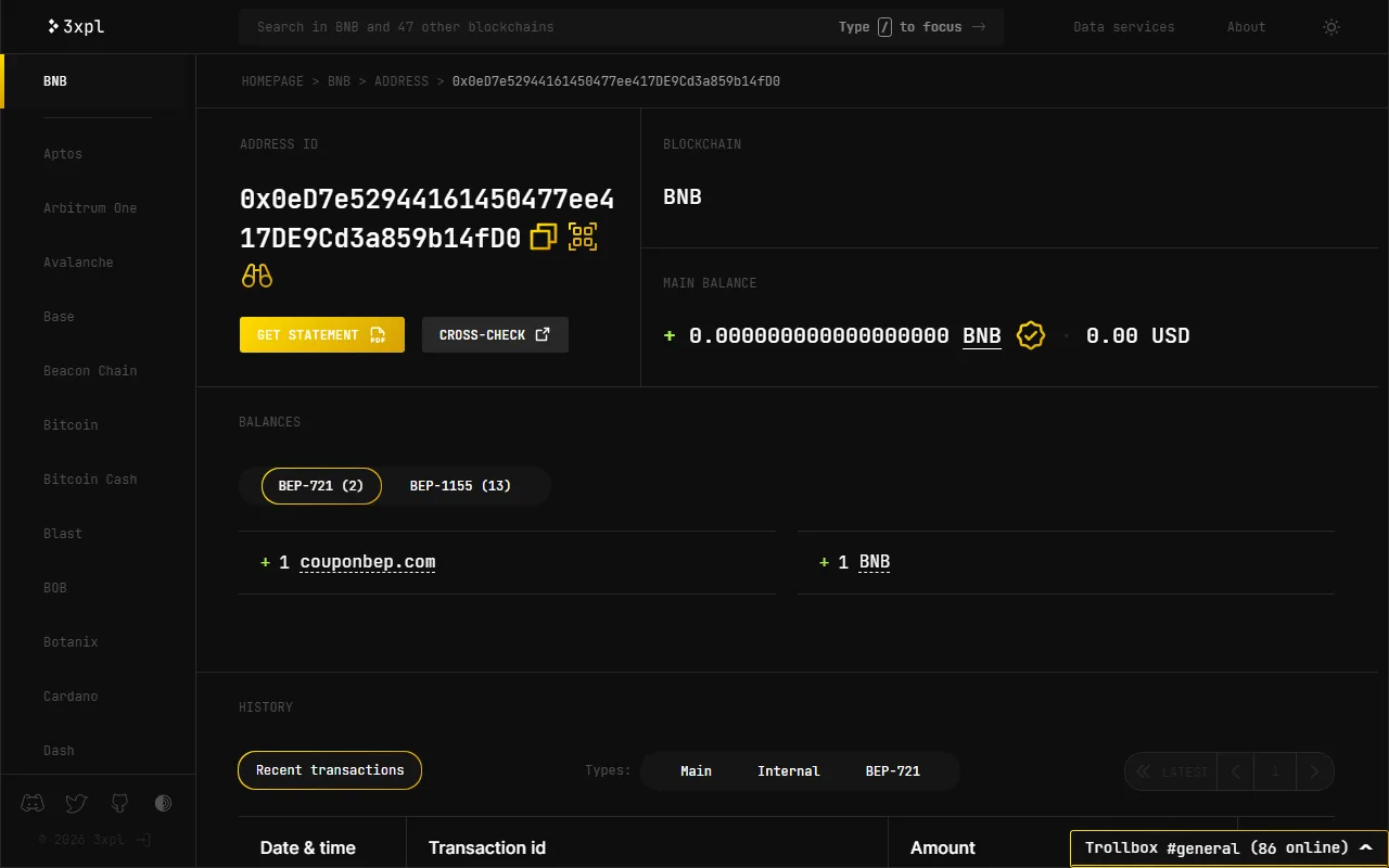 Halaman alamat di block explorer 3xpl untuk sebuah kontrak di jaringan BNB, menampilkan saldo utama, daftar saldo token, dan tabel riwayat transaksi.
