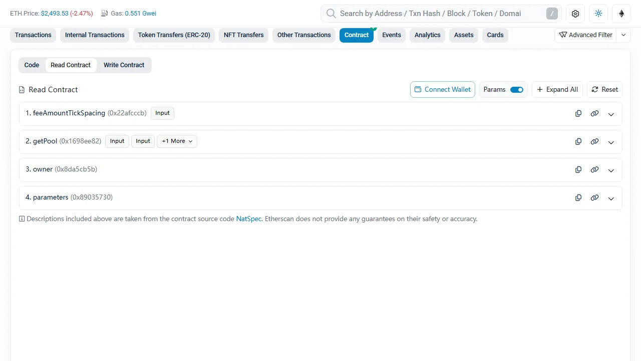 Tab Read Contract di Etherscan untuk kontrak Uniswap V3 Factory, menampilkan empat fungsi baca termasuk owner (0x8da5cb5b).