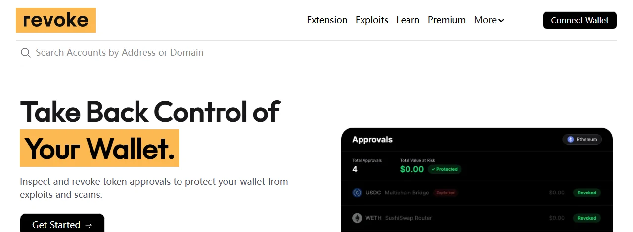 Bagian atas halaman depan revoke.cash: kolom pencarian bertuliskan Search Accounts by Address or Domain, tombol Connect Wallet di kanan atas, dan panel contoh daftar Approvals milik situs tersebut di sisi kanan.